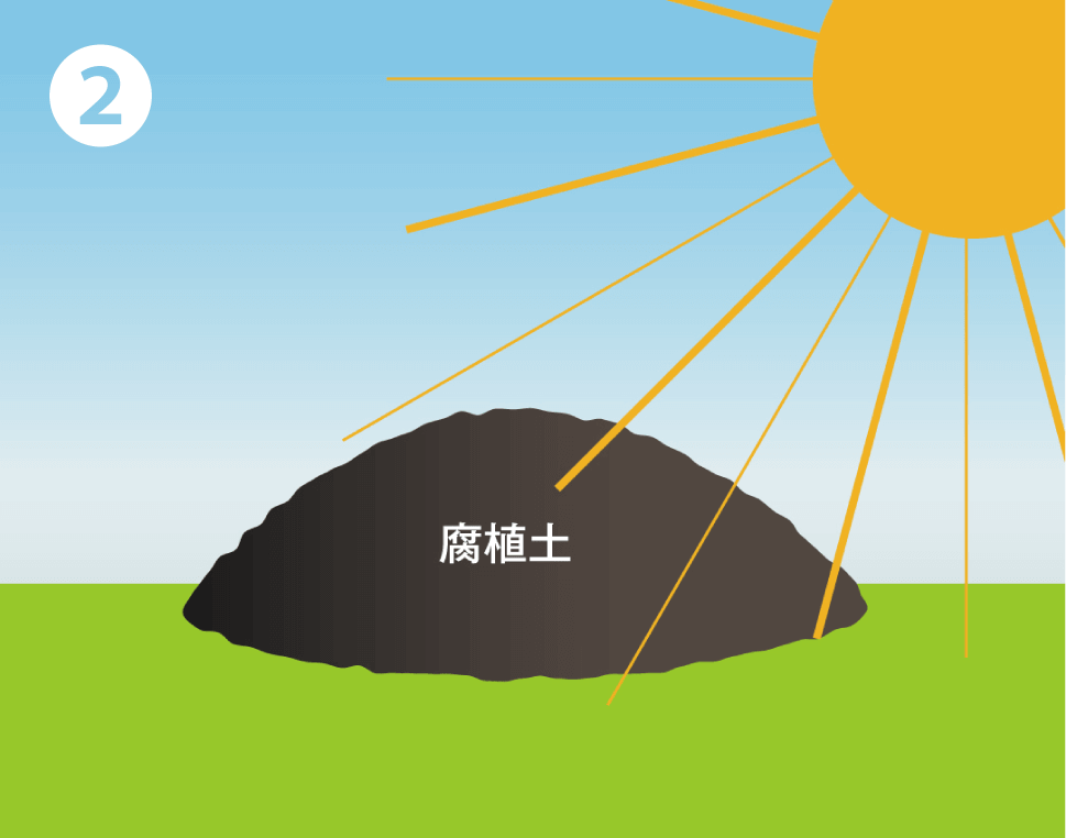 採掘した腐植土を約1年、天日干しし、土中に棲む好気持性微生物が活性化する腐植土に改良。